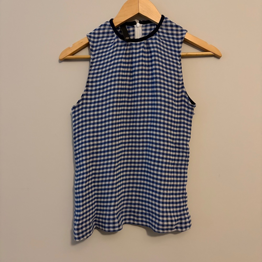 Mother of Pearl Blue Gingham Textured Sleeveless High Neck Blouse US 6 UK 10